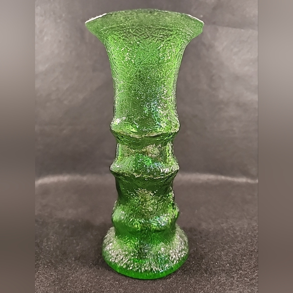 Vintage Brody Co Emerald Green Glass Vase Candle Holder Textured Crinkle 7” Ht